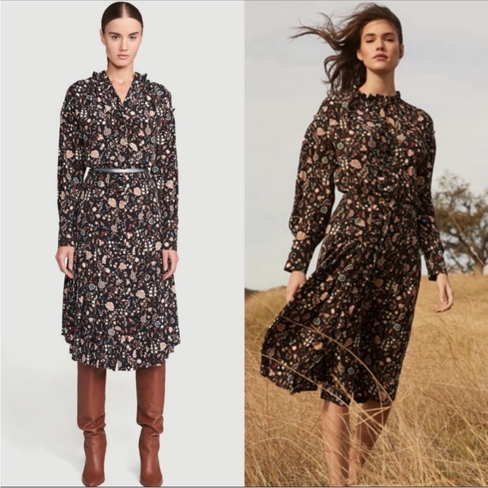 FRAME Silk Pleated Ruffle Midi Dress Noir Multi Floral XS